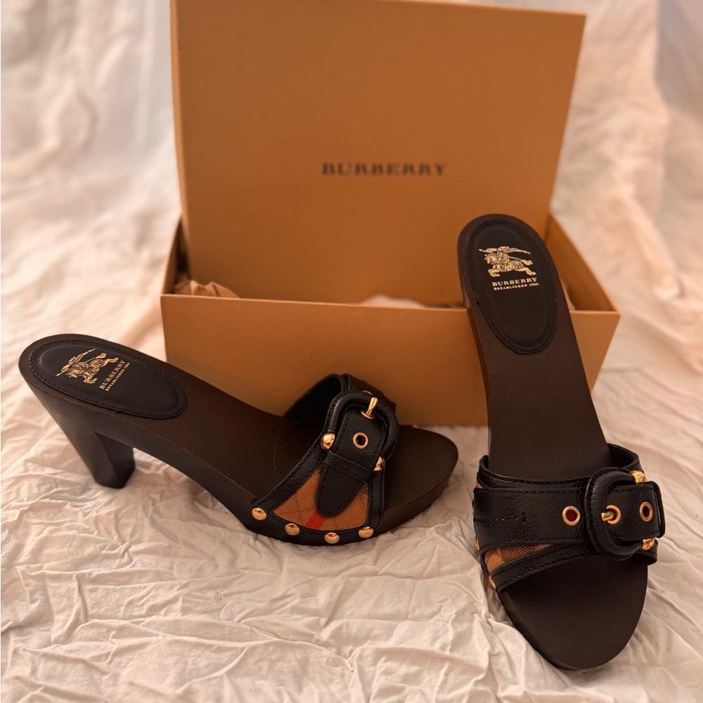 Burberry Black Heeled Mules with Gold Buckle